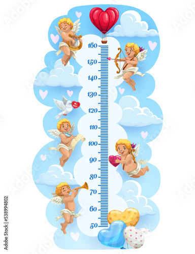 Angel cupids height chart, growth measuring meter. Vector wall sticker with heart balloons and funny Amur with harp on clouds. Valentine holiday scale with cute cartoon love characters