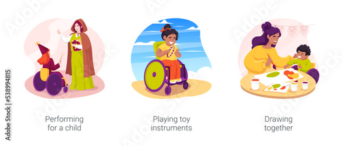 Developmental activities in special childcare isolated cartoon vector illustration set