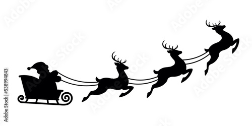 Santa Claus is flying on a Christmas reindeer sleigh.