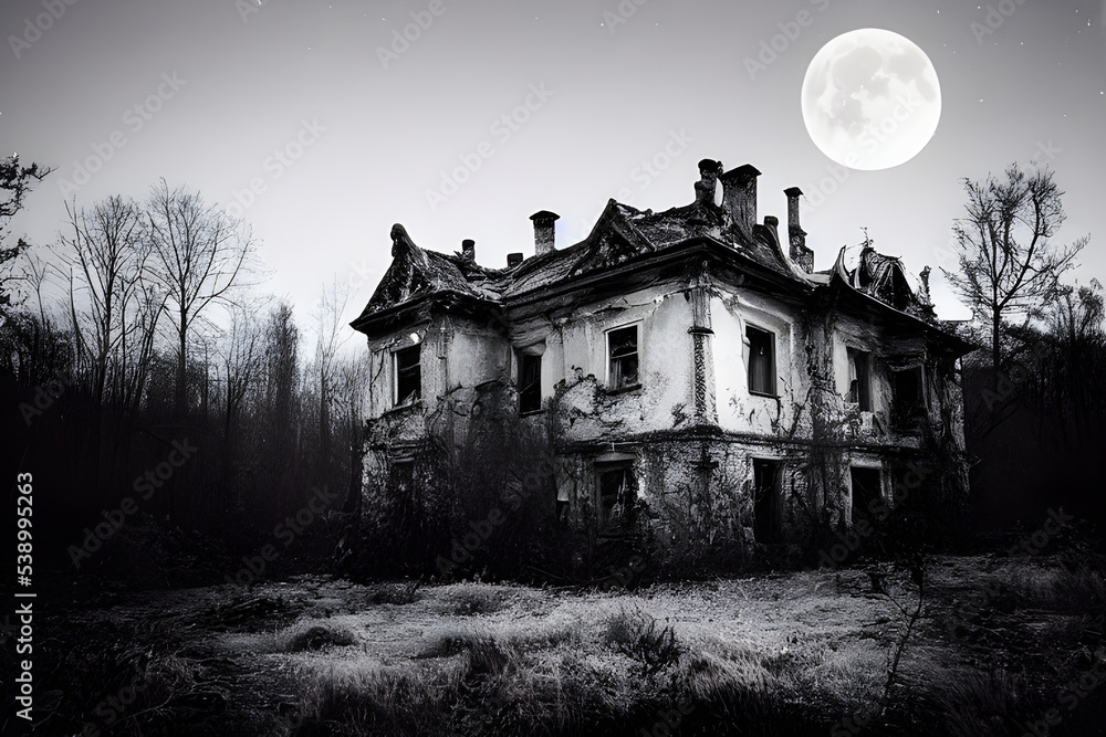 Full moon shines over a creepy haunted house. Full moon shines over a creepy haunted house.