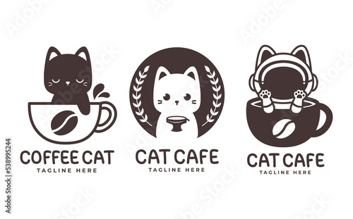 cute cat logo with coffee cup