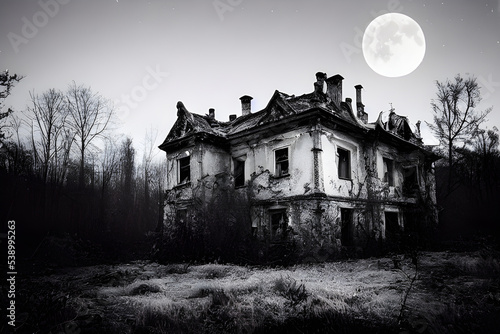 Full moon shines over a creepy haunted house.  © ECrafts