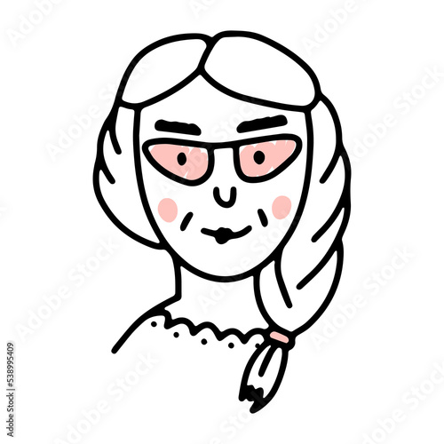 Doodle elderly woman with pink glasses, braid hairstyle, lace. Hand-drawn human face isolated on white background. Cartoon Funny grandma. Female portrait. Cheeks, positive emotion. Vector illustration