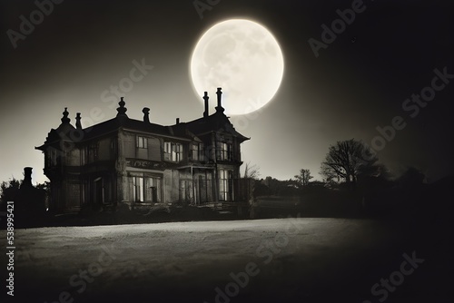 Full moon shines over a creepy haunted house. 