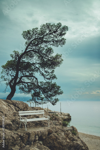 Ławka na skałach w Chorwacji u wybrzeży Adriatyku 
