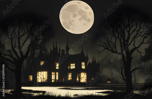 Full moon shines over a creepy haunted house. 