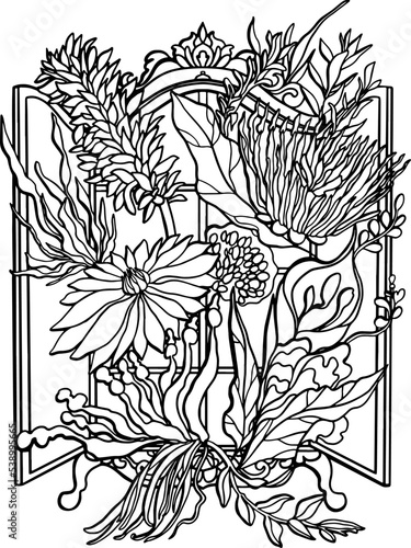 Vintage window with swirls and fantasy flowers and leaves. Coloring page antistress for children and adults. Vector illustration isolated on white background