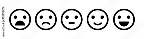 Emoji icon set of satisfaction level. Simple feedback in form of emotions in flat style. Customer feedback. Range to assess the emotions Excellent, good, normal, bad, awful symbols Vector illustration