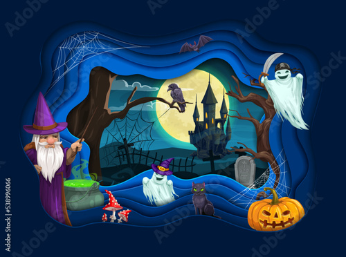 Halloween paper cut landscape. Cartoon wizard, ghosts and castle. Vector party poster with 3d layers frame, sorcerer with white beard hold magic wand near cauldron with green potion, pumpkin, raven