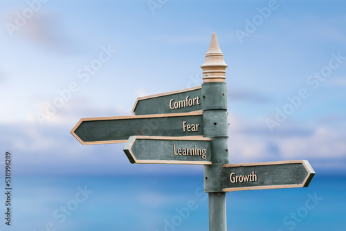 comfort fear learning growth four word quote written on fancy steel signpost outdoors by the sea. Soft Blue ocean bokeh background. photo