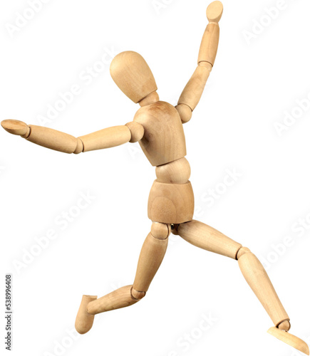 Foto Wooden Mannequin Dummy Celebrating - Isolated