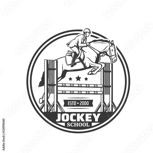 Jockey school vector icon of equestrian sport horse and rider jumping over barrier, jockey boots and helmet, equine harness, saddle. Show jumping, dressage, horse racing or derby isolated symbol