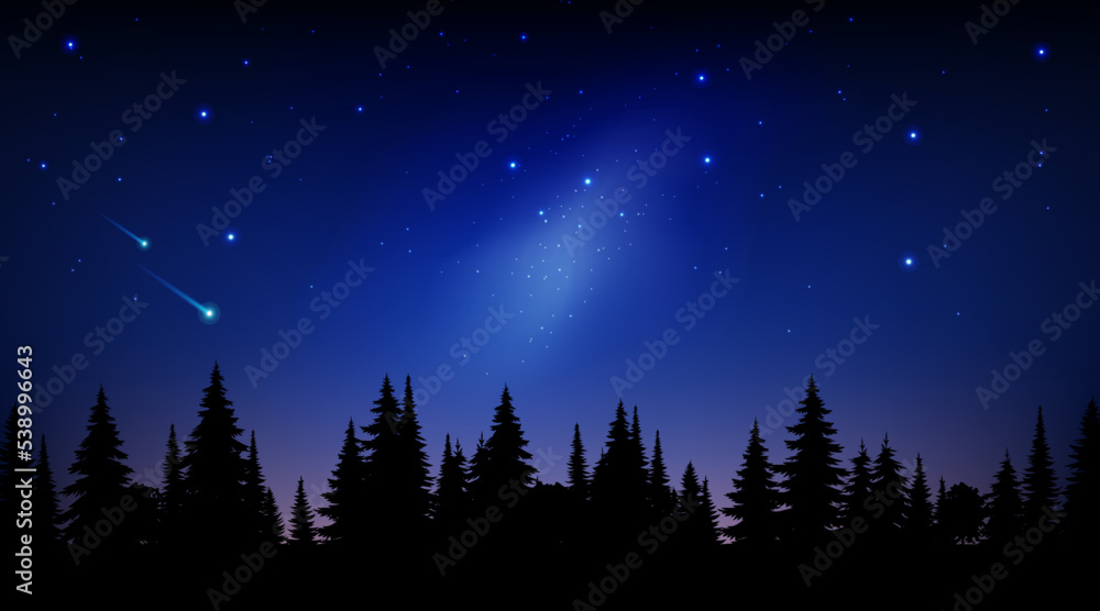 Fototapeta premium Forest dark silhouette landscape flat colorful illustration night blue sky with stars milky way in the morning. Vector panorama background for tourism, traveling, camping adventure.