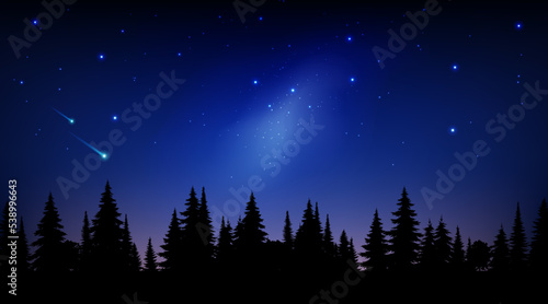 Forest dark silhouette landscape flat colorful illustration night blue sky with stars milky way in the morning. Vector panorama background for tourism, traveling, camping adventure.