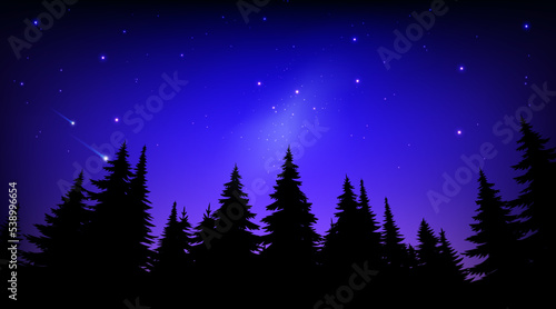 Forest dark silhouette landscape flat colorful illustration night blue sky with stars milky way in the morning. Vector panorama background for tourism, traveling, camping adventure.