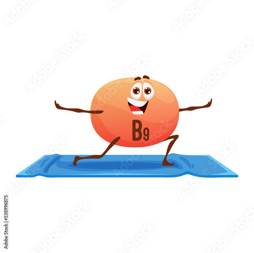 Cartoon vitamin character, B9 personage on yoga fitness. Isolated vector happy folic acid capsule sports exercises. Funny bubble stand in asana pose on mat. Natural food supplement on yogi practice