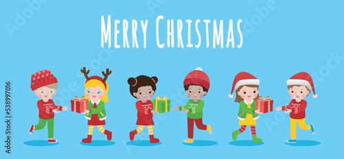 cute little children give present gift box for Merry Christmas and Happy new year Cartoon group kids characters flat design isolated on blue background vector illustration