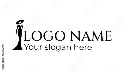 Logotype for fashion shop. Silhouette of beautiful woman in dress. Vector illustration.