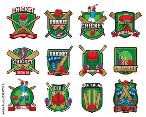 Cricket sport game icons. Players  helmet  ball and bat  protective gear pads. Cricket game competition vector symbols  sport tournament and championship badge  cricket league team icons
