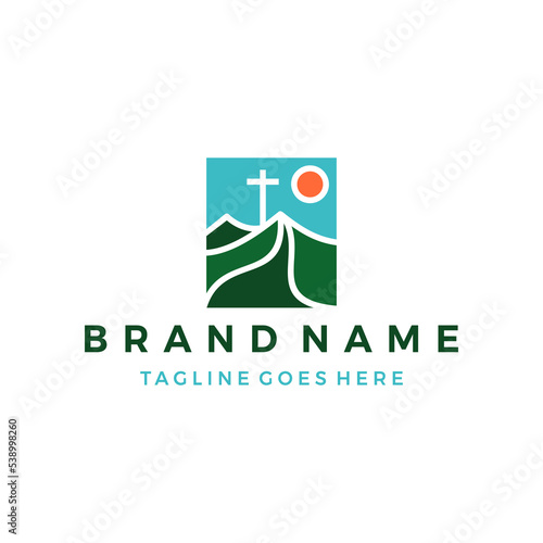 hill and mountain with holy christian cross logo icon vector illustration