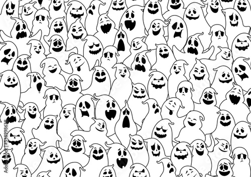 Cartoon halloween ghosts pattern. Monochrome vector ornament, creative background with creepy spooks emotions and face expressions. Design for greeting card, wrapping paper with funny yelling phantoms