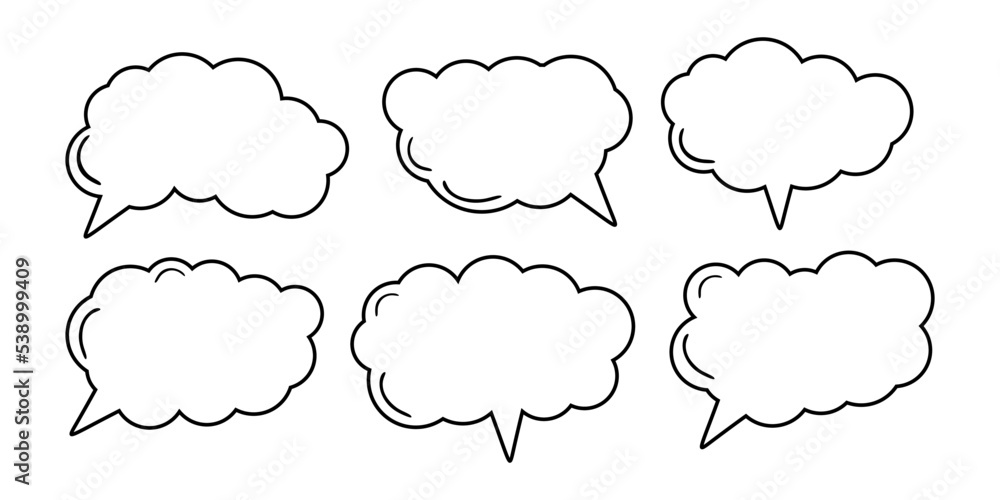 Set of different hand-drawn speech bubble. Linear Bubbles collection on white background. Empty blank comment. Talk chat speak message. Vector illustration Set of different hand-drawn speech bubble. Linear Bubbles collection on white background. Empty blank comment. Talk chat speak message. Vector illustration