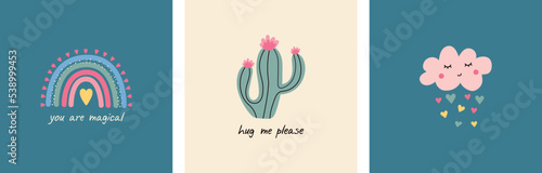 Εκτύπωση καμβά Vector illustration in Scandinavian style with rainbow, cactus, clouds and hearts