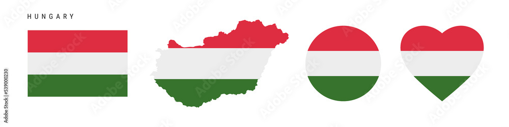Hungary flag icon set. Hungarian pennant in official colors and proportions. Rectangular, map-shaped, circle and heart-shaped. Flat vector illustration isolated on white.