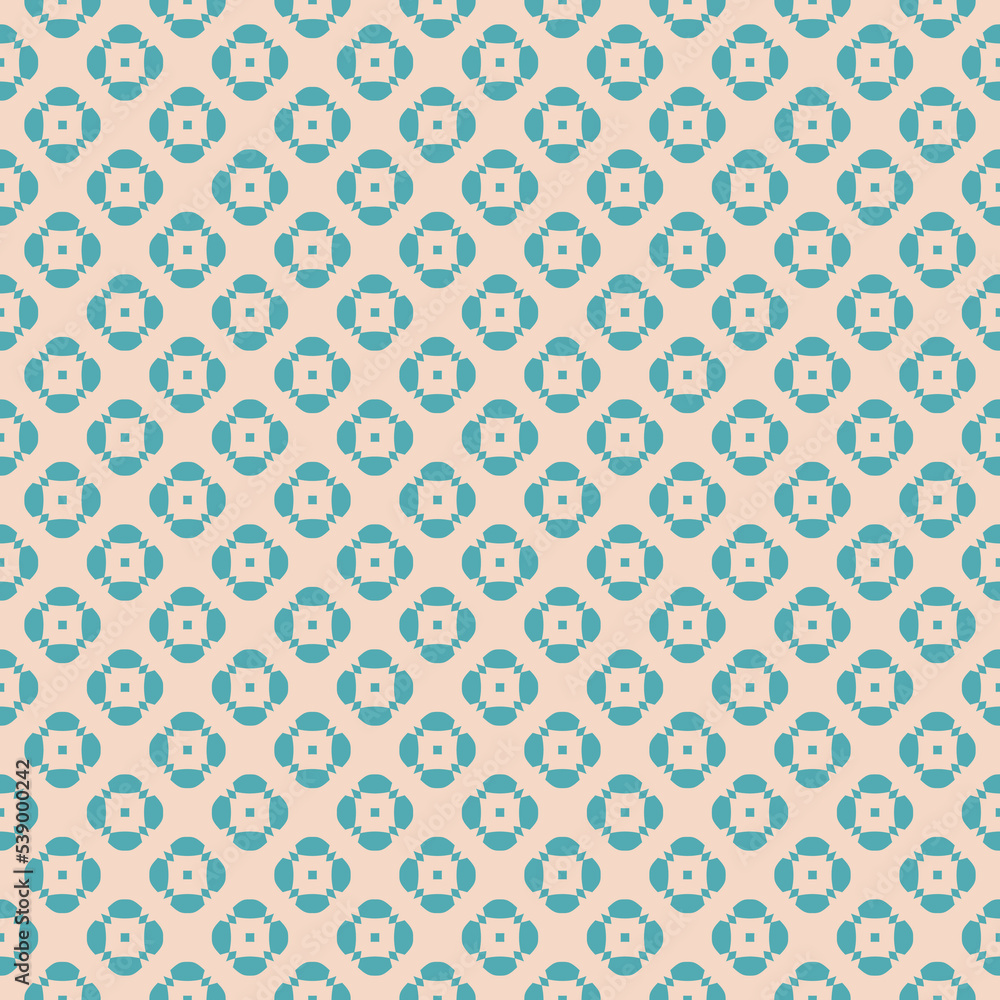 Vector geometric floral seamless pattern. Stylish background with small flower shapes, squares, repeat tiles. Retro vintage style texture in turquoise and beige color. Design for decor, print, fabric