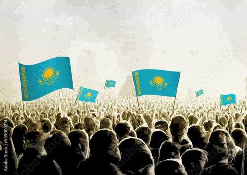 Crowd with the flags of Kazakhstan, people cheering national team of Kazakhstan. Ai generated illustration of crowd.