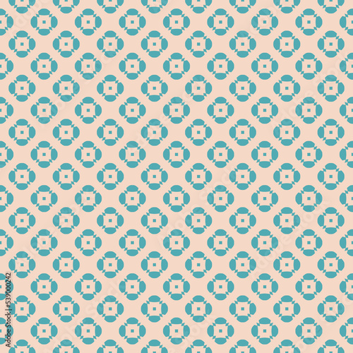 Vector geometric floral seamless pattern. Stylish background with small flower shapes, squares, repeat tiles. Retro vintage style texture in turquoise and beige color. Design for decor, print, fabric