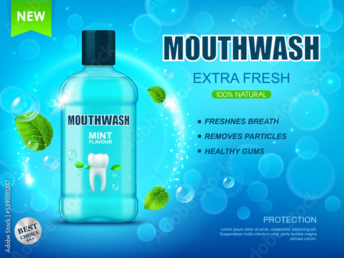 Realistic cool mint mouse rinse or mouthwash bottle. Dental care mouthwash 3d container promo banner. Oral hygiene rinse, breath refreshing liquid realistic vector background with mint leaves, droplet