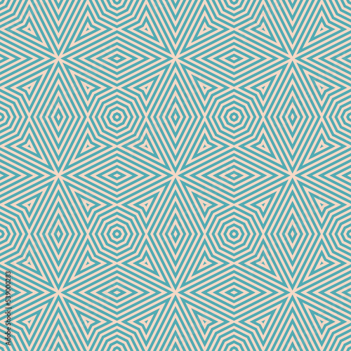 Vector geometric lines seamless pattern. Abstract background in turquoise and beige color. Retro vintage 1960s - 1970s style graphic texture with stripes, lines, repeat tiles. Trendy creative design