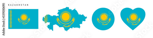 Kazakhstan flag icon set. Kazakh pennant in official colors and proportions. Rectangular, map-shaped, circle and heart-shaped. Flat vector illustration isolated on white.