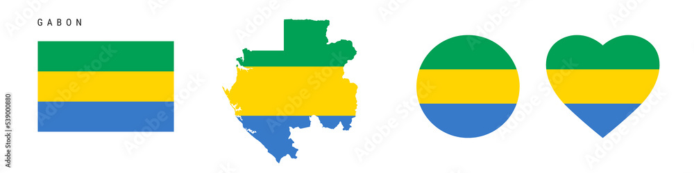 Gabon flag icon set. Gabonese pennant in official colors and proportions. Rectangular, map-shaped, circle and heart-shaped. Flat vector illustration isolated on white. Gabon flag icon set. Gabonese pennant in official colors and proportions. Rectangular, map-shaped, circle and heart-shaped. Flat vector illustration isolated on white.