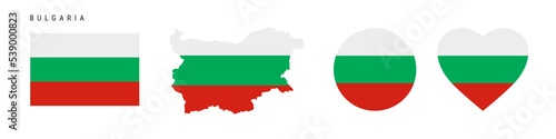 Bulgaria flag icon set. Bulgarian pennant in official colors and proportions. Rectangular, map-shaped, circle and heart-shaped. Flat vector illustration isolated on white.