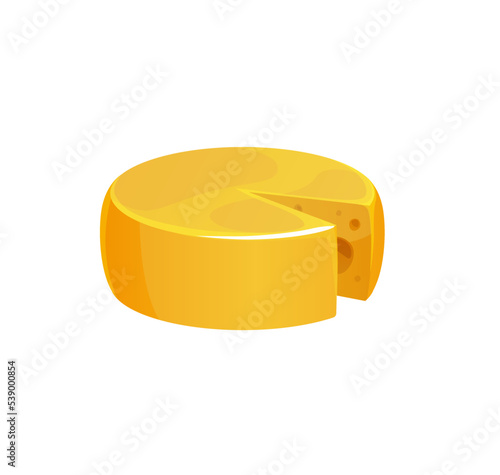 Cartoon round Maasdam cheese. Emmental, Parmesan or Cheddar Swiss hard cheese wheel with piece triangle cut, Dutch cuisine isolated vector dairy product wedge or milk food