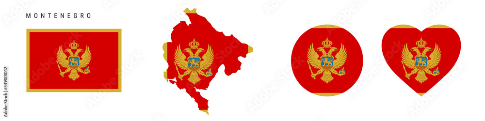 Montenegro flag icon set. Montenegrin pennant in official colors and proportions. Rectangular, map-shaped, circle and heart-shaped. Flat vector illustration isolated on white. Montenegro flag icon set. Montenegrin pennant in official colors and proportions. Rectangular, map-shaped, circle and heart-shaped. Flat vector illustration isolated on white.