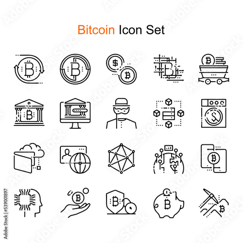 Bitcoin related, pixel perfect, editable stroke, up scalable square line vector icon set