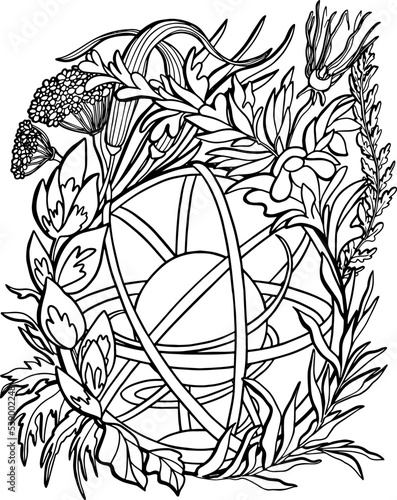 Magic ball with rings around and fantasy flowers and leaves. Coloring page antistress for children and adults. Vector illustration isolated on white background