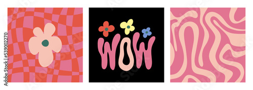 Set of groovy hippie psychedelic lettering cards. Hippy doodle typography prints, flowers, summer posters