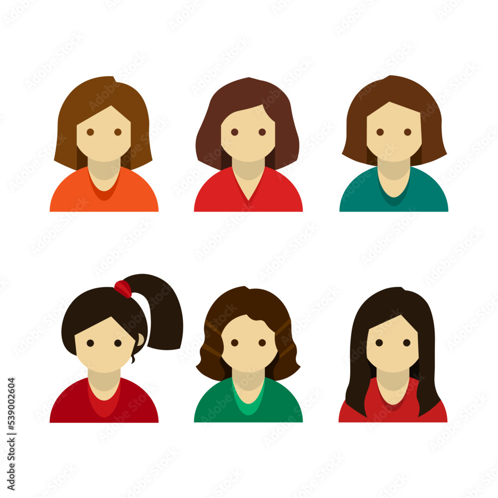 Set of colorful female faces icons in flat style. Vector set of girls with various hairstyles isolated on white. Simple abstract color icons Modern flat vector illustration for graphic design, Web, UI Set of colorful female faces icons in flat style. Vector set of girls with various hairstyles isolated on white. Simple abstract color icons Modern flat vector illustration for graphic design, Web, UI