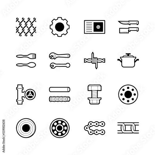 Metal and Steel products isolated icons set. Set of hot rolled steel, metal beams, rods, armature, pipes, mesh vector icons.