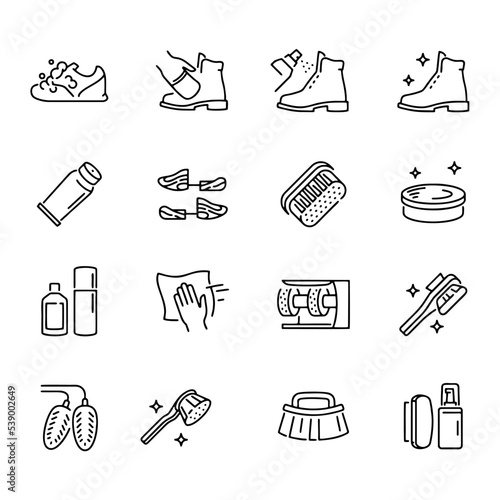 Shoe cleaning and care products thin line icons set isolated on white. Cleaner, water repellent spray, napkin pictograms collection. Brushes, wipe, deodorizer vector elements for infographic, web.
