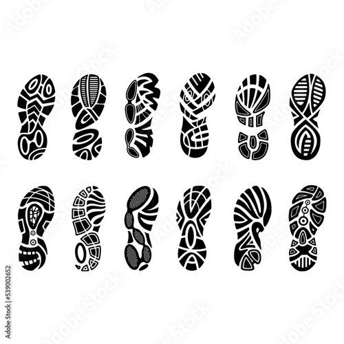 footprint vector silhouettes. Dirty shoes and sneakers footprints. Black footprint and illustration of imprint track step