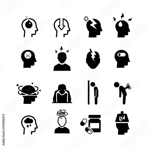 Stress depression bold black silhouette icons set