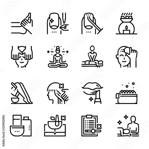 Vector graphic set. 40x40 pixels. Editable stroke size. Icons in flat, contour, outline, thin and linear design. Spa treatments. Simple isolated icons. Concept illustration. Sign, symbol, element.