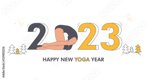 2023 yoga vector banner. Young woman in sasangasana (rabbit pose) practicing yoga with 2023 numbers. Rabbit omm 2023 yoga new year illustration isolated on the white background 