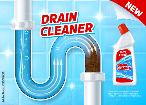 Pipe drain cleaner. Toilet tube cleanup agent cover, toilet or house pipeline unclog chemical liquid realistic vector promo poster. Bath clogged siphon, sewage detergent product advertisement banner photo