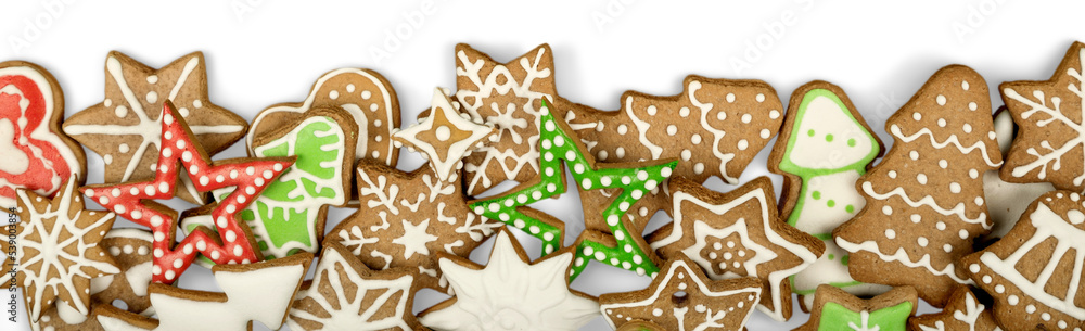 Gingerbread cookies on white background. Snowflake, star, man, angel, candy shapes Gingerbread cookies on white background. Snowflake, star, man, angel, candy shapes